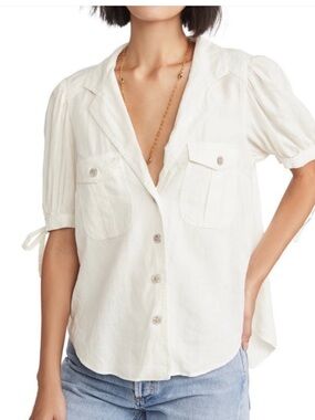 Free People Cream Linen Button-Front Safari Blouse
